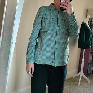 St. Johns Bay Womens Cotton Green Checkered Button-Up Shirt Size Medium